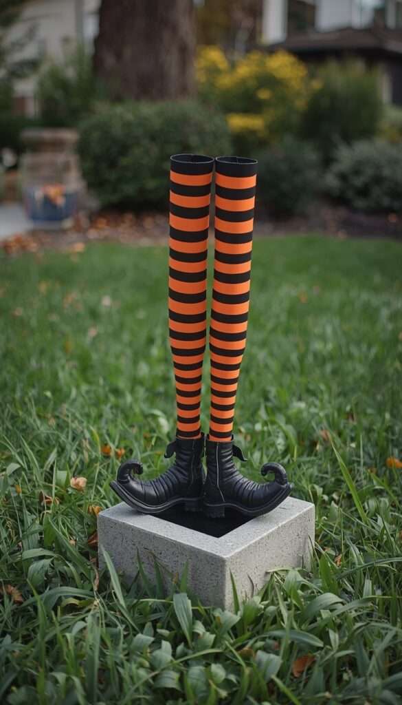 Witch legs prop anchored in hidden concrete-filled buried planter
