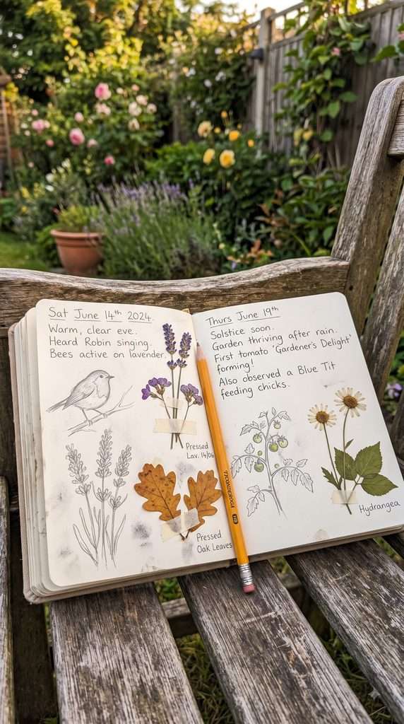 Well-used backyard nature journal filled with plant sketches and pressed flowers.