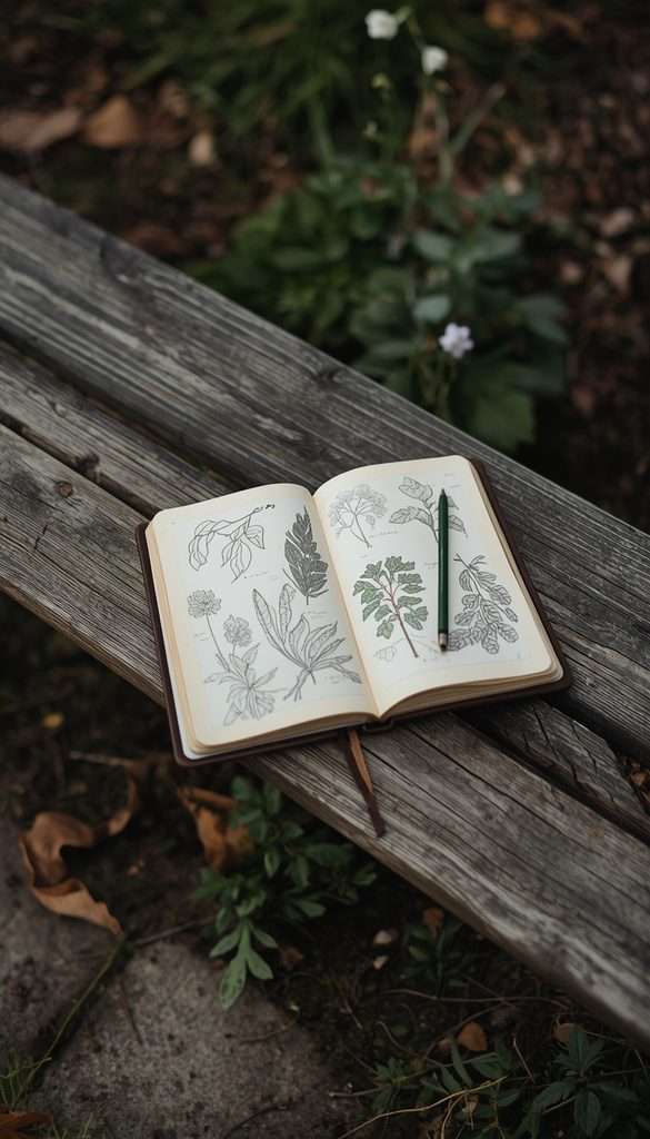 Open nature journal with simple plant sketches on a backyard garden bench.