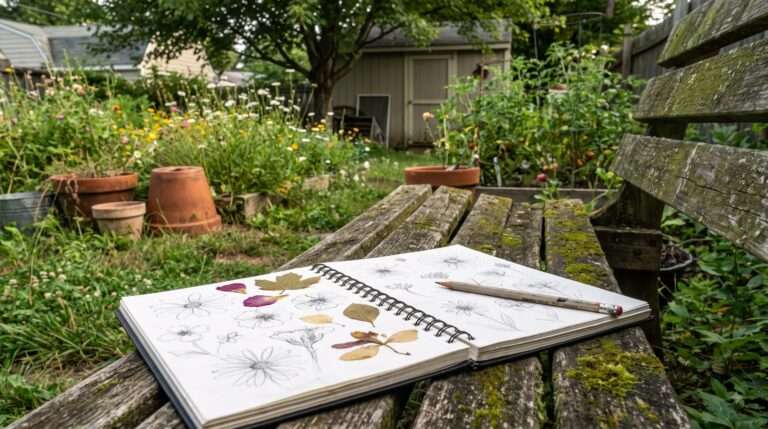 Open backyard nature journal with pressed flowers and hand-drawn garden sketches.