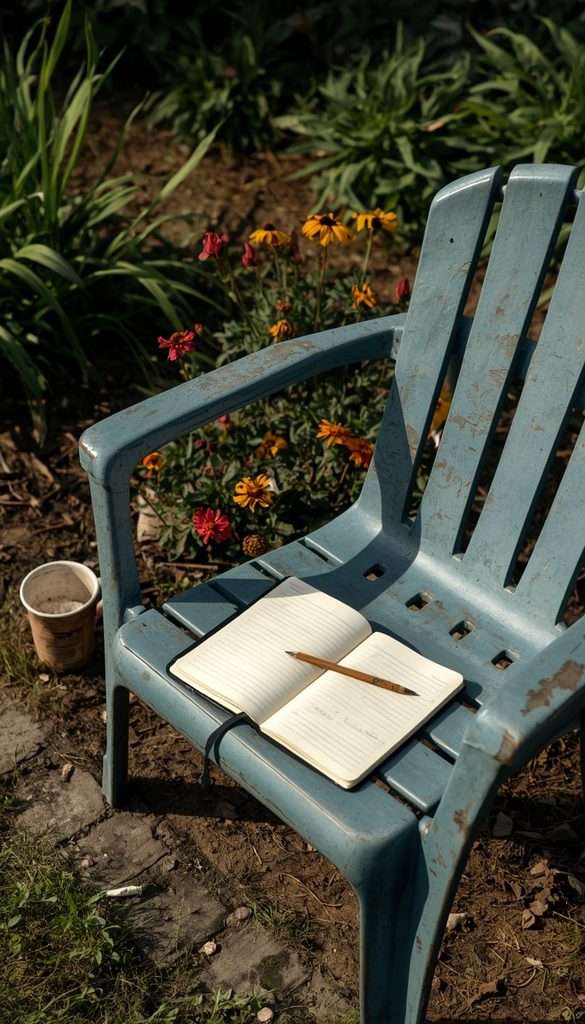 Simple ten-minute backyard nature journaling setup beside a flower bed.