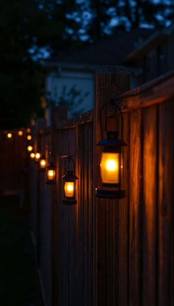 Battery LED lanterns glowing along wooden fence line at dusk