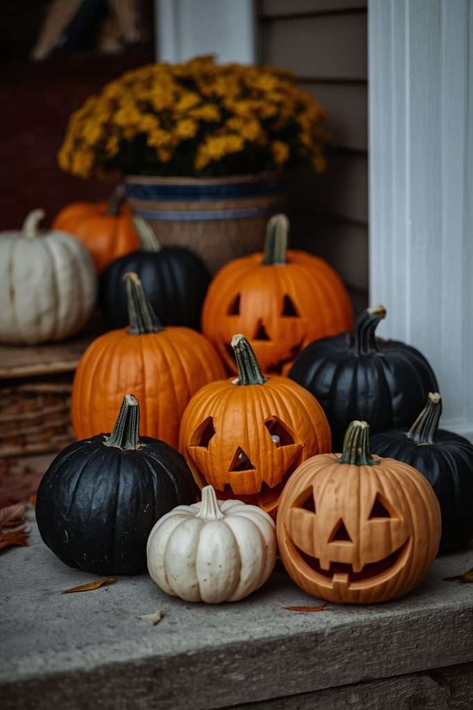 Black and orange pumpkins grouped for Halloween porch