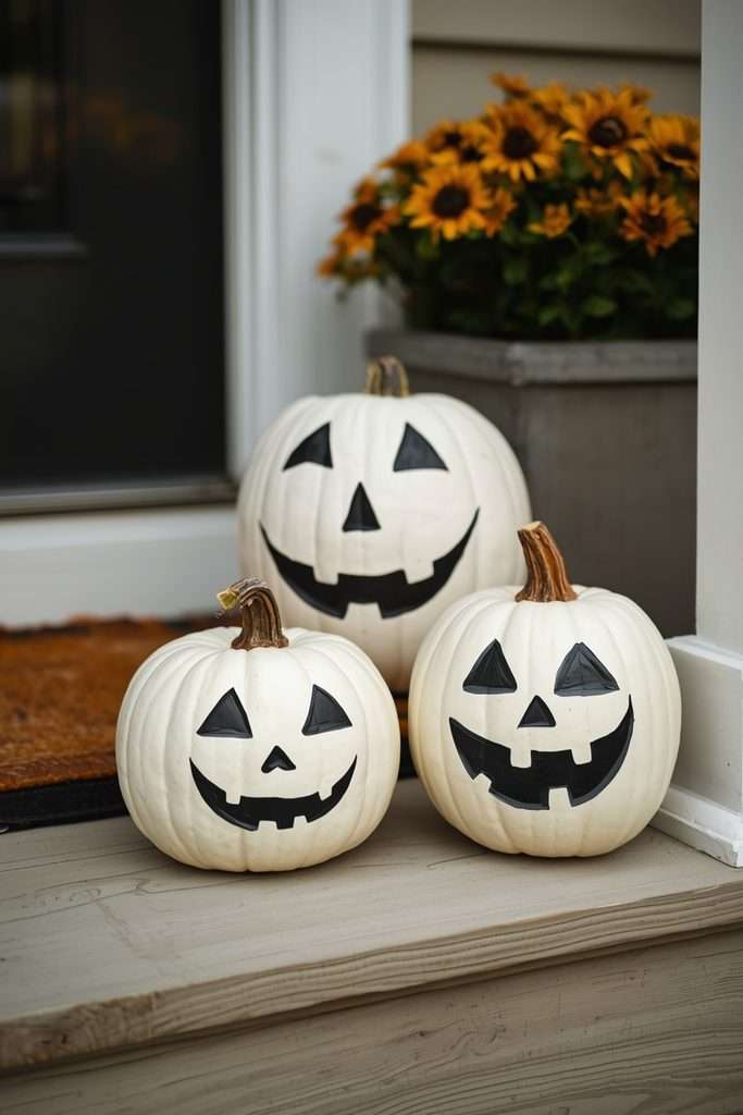 White pumpkins with black painted Halloween faces