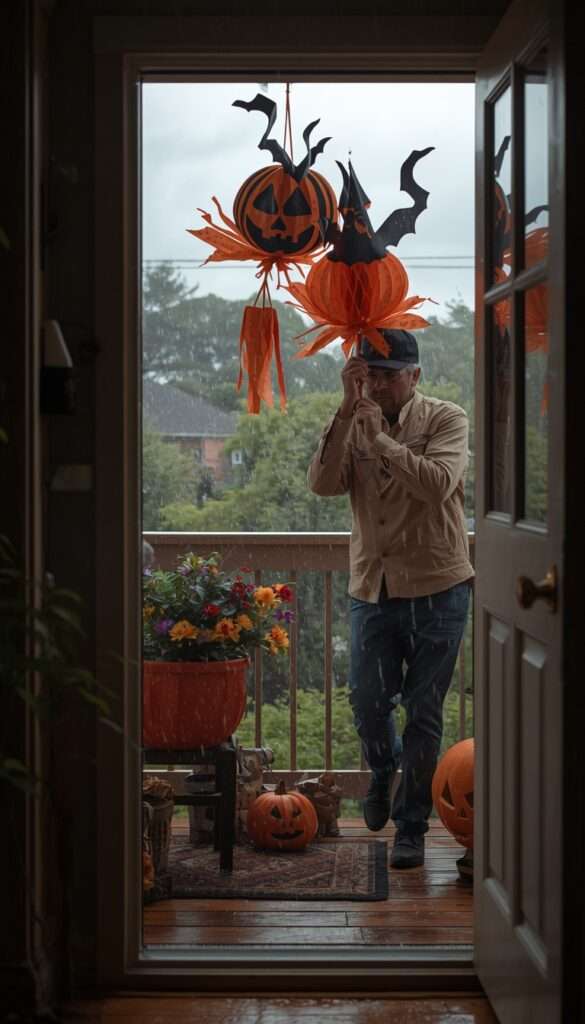 Carrying paper Halloween decorations indoors as rain clouds gather