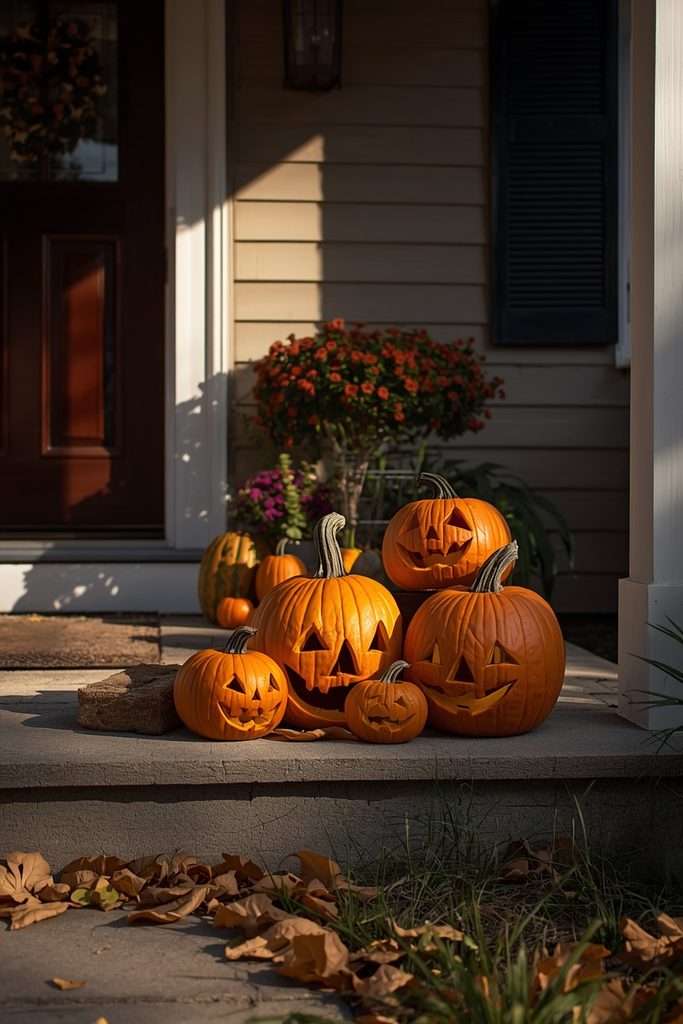 Grouped jack-o'-lanterns glowing on a suburban front porch