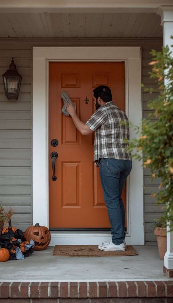 Homeowner cleaning a front door before hanging Halloween decorations