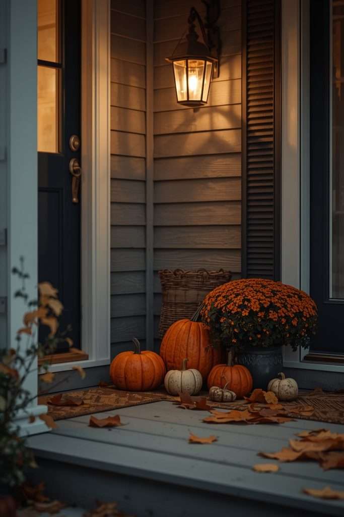 Cozy pumpkin arrangement in front porch corner