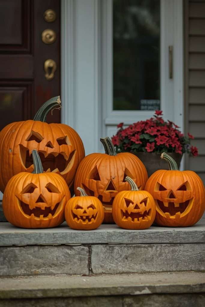 Carved pumpkins with different funny Halloween expressions