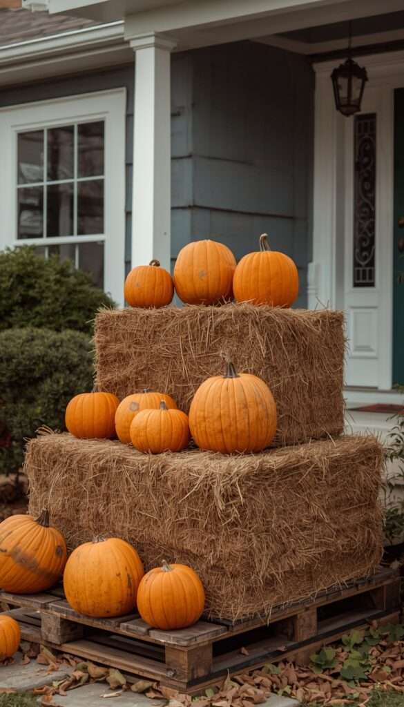 Hay bale pumpkin display elevated on pallets for drainage