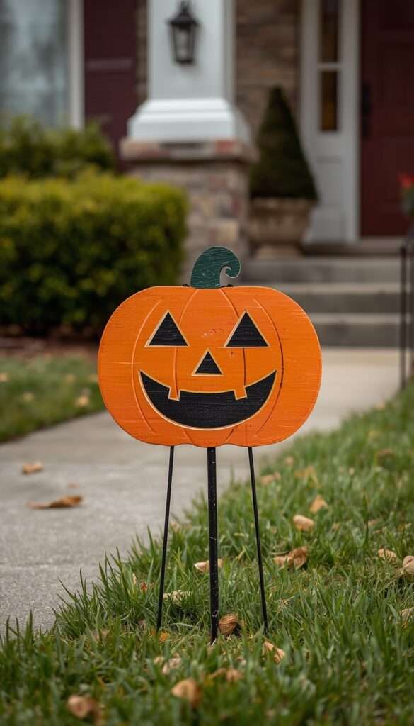 Hand-painted wooden Halloween yard sign staked near front walkway