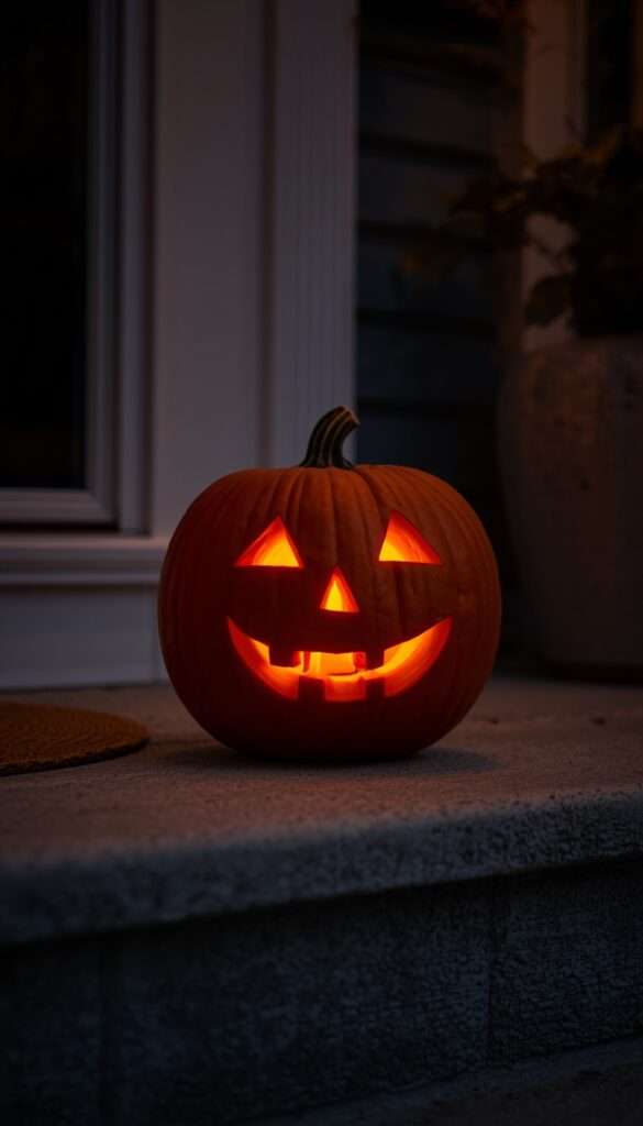 Carved pumpkin glowing with flameless LED tea light at dusk