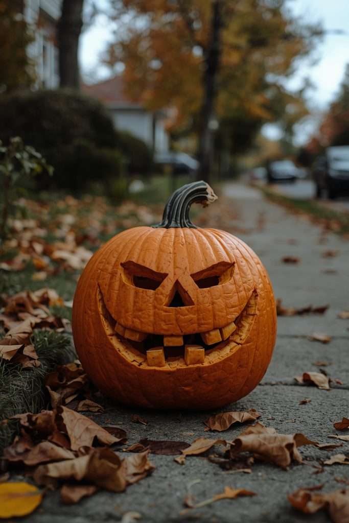 Funny toothy jack-o-lantern beside front walkway