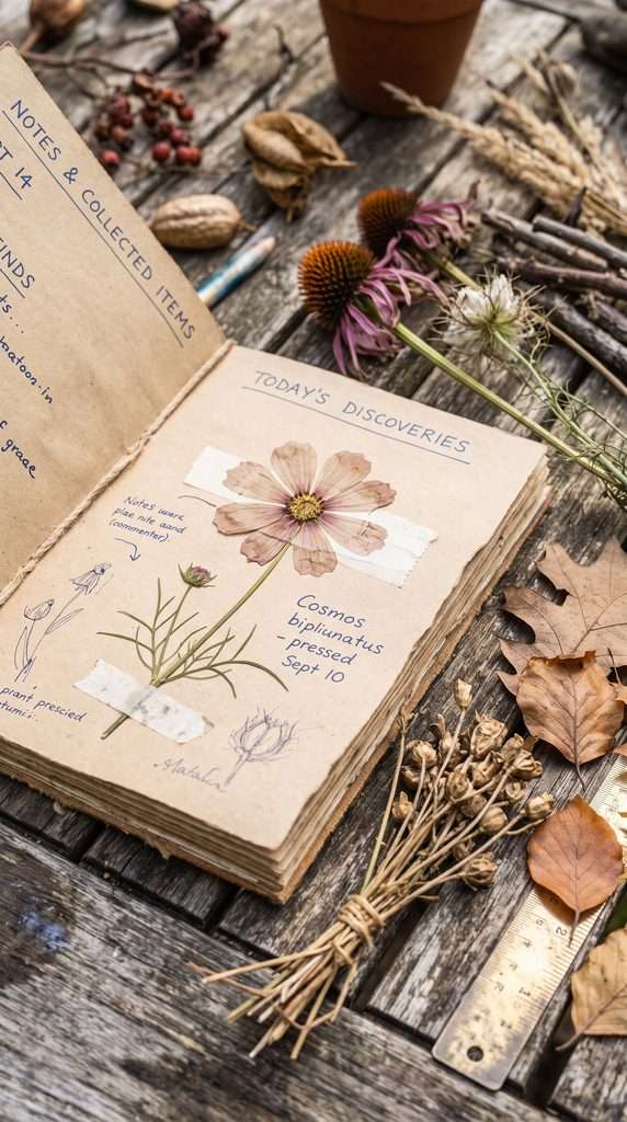 Pressed leaves, seed heads and small garden finds arranged beside a nature journal.