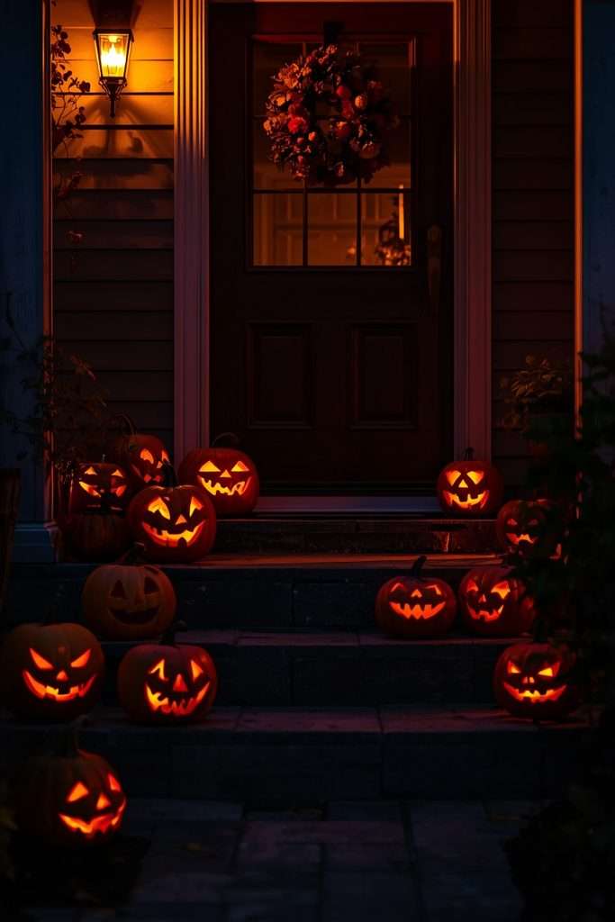 Glowing jack-o-lanterns gathered around front entrance