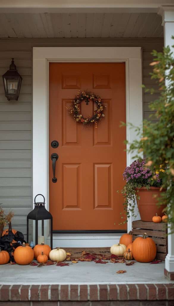 Halloween decorations arranged around a front door instead of attaching everything to it