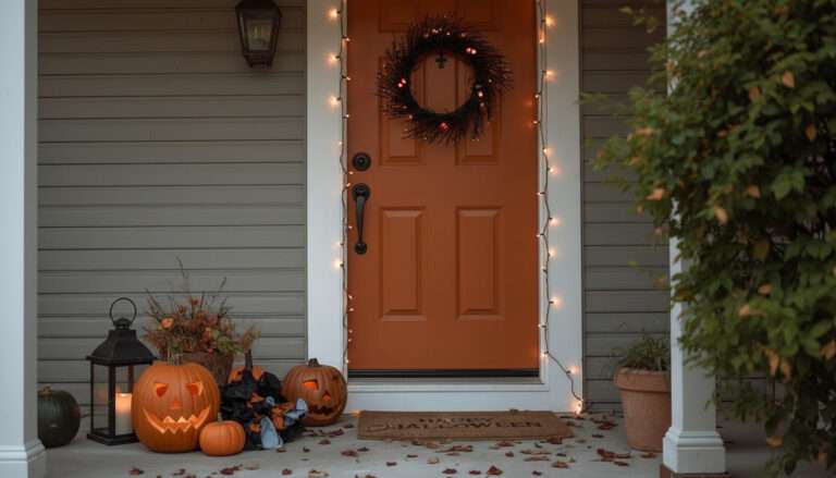 Halloween front door decorated with a wreath pumpkins and lantern
