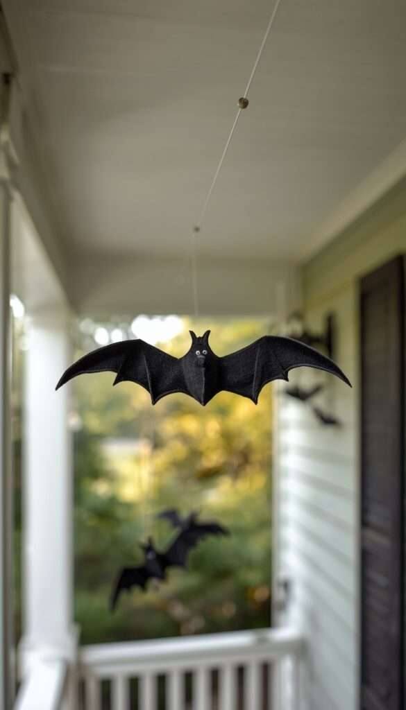 Fabric bat decorations hanging and swaying from porch overhang outdoors