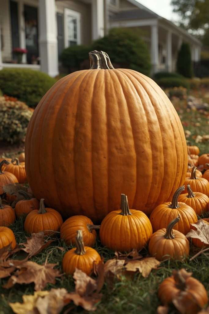 Large pumpkin surrounded by miniature pumpkins