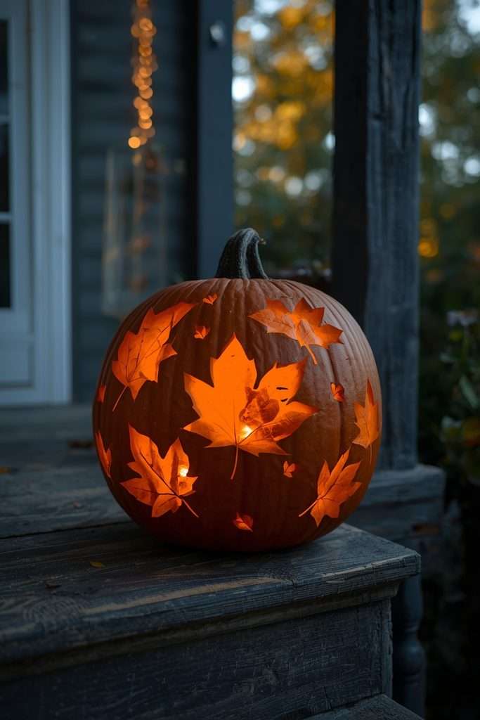 Pumpkin carved with simple autumn leaf patterns