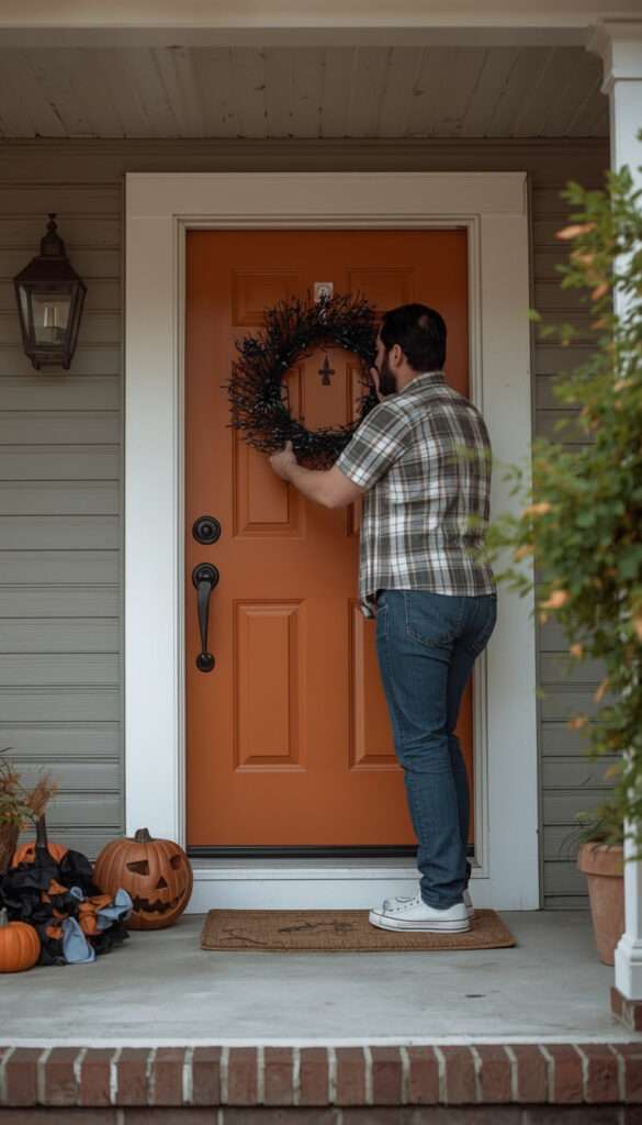 Hanging a lightweight Halloween wreath safely on a front door