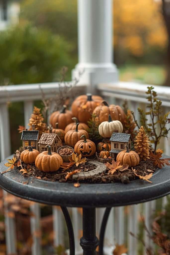 Miniature pumpkin village on a fall porch table
