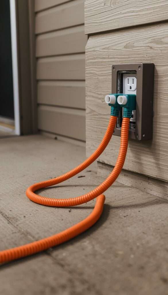Outdoor-rated extension cord with protective cover on porch floor