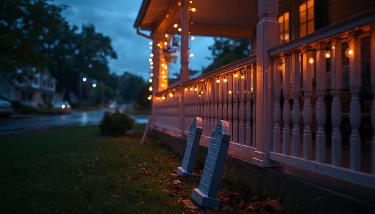 Porch with glowing string lights and staked tombstones during light rain at dusk