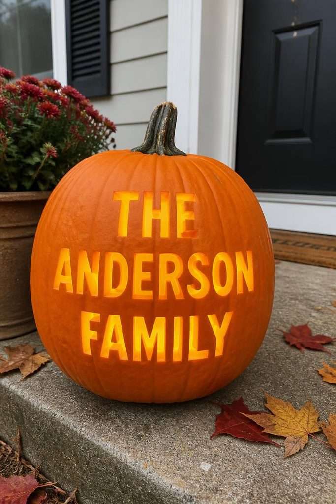 Personalized carved pumpkin displayed outside suburban home