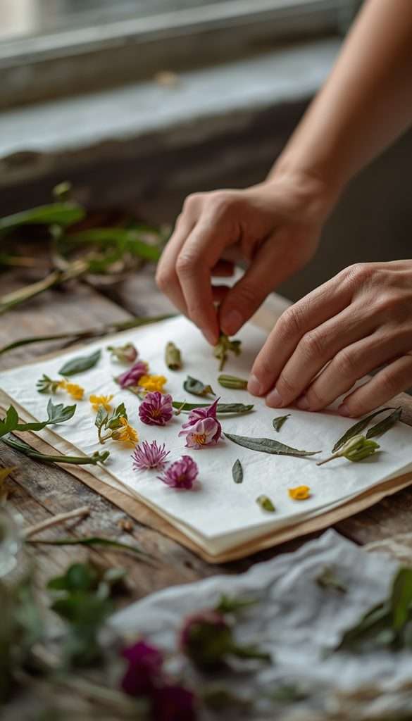 Small backyard flowers being prepared for pressing in a nature journal.