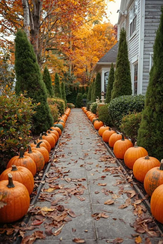 Pumpkins framing a front walkway entrance