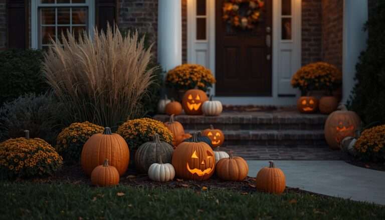 Carved pumpkins and fall plants decorating a suburban front yard