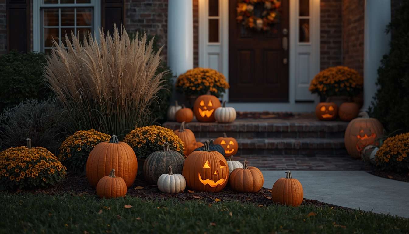 Carved pumpkins and fall plants decorating a suburban front yard