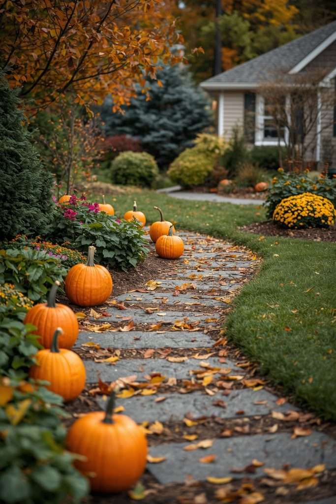 Pumpkins following a curved front garden pathway