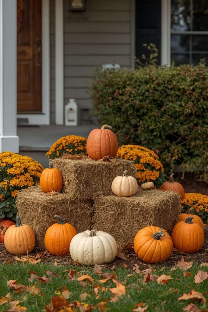 Pumpkins and hay bales arranged outside suburban home