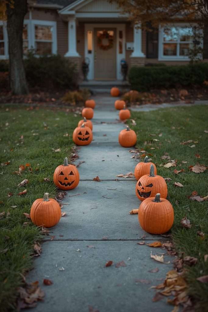 Carved pumpkins lining a front walkway toward the door