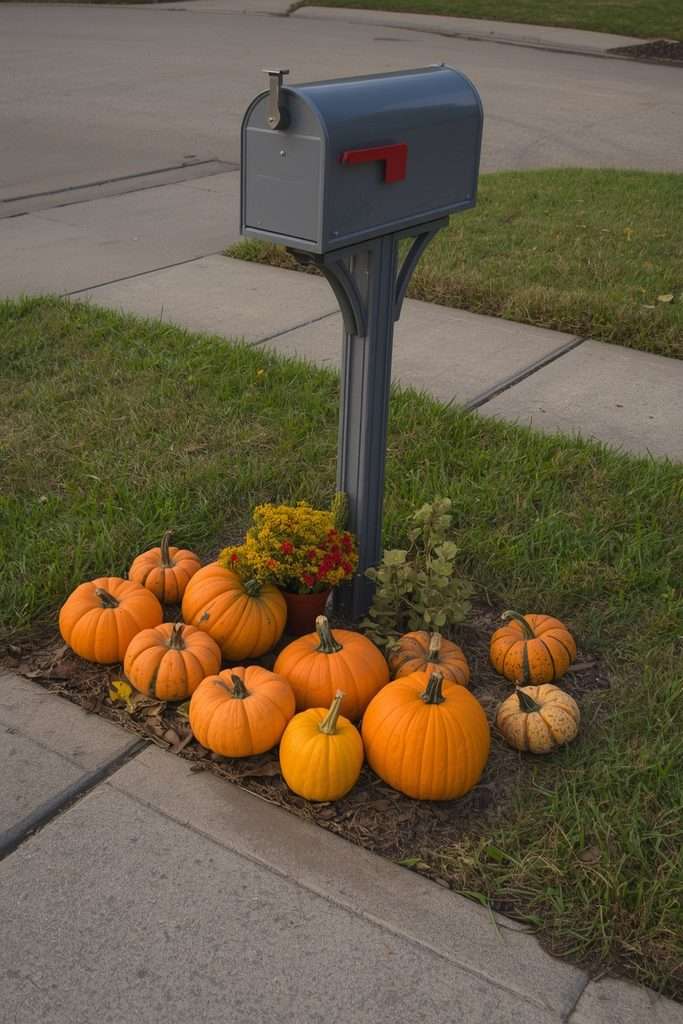 Pumpkins decorating a suburban mailbox garden