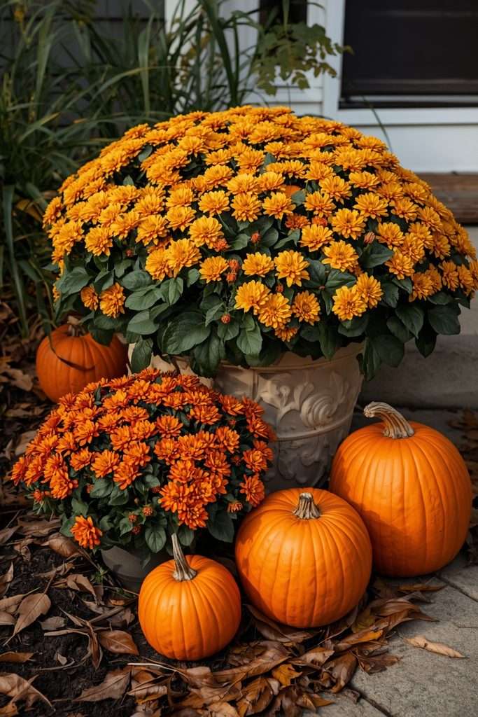 Orange pumpkins arranged around autumn mums
