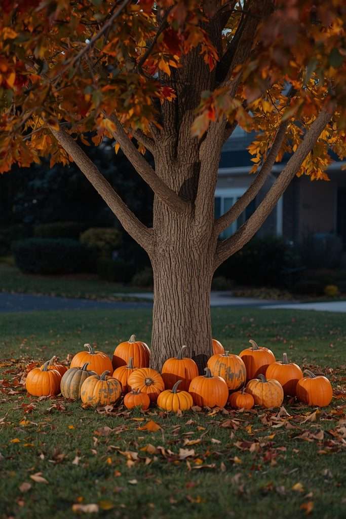 Pumpkins arranged around front yard tree trunk