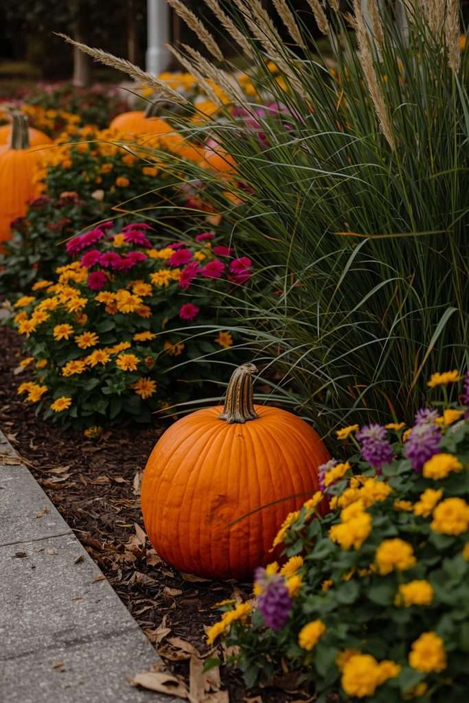 Pumpkins tucked between fall flowers in a front garden