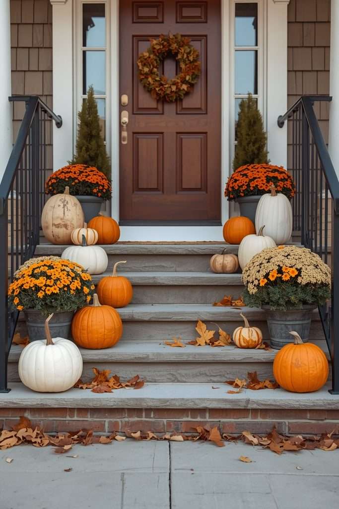 Pumpkins arranged safely along front porch steps