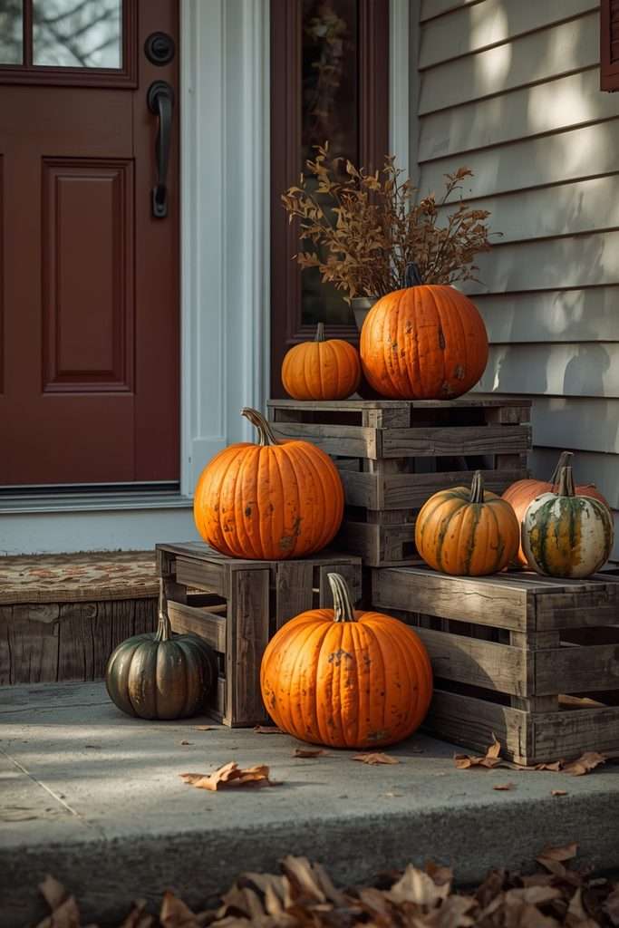 Pumpkins displayed on rustic wooden crates