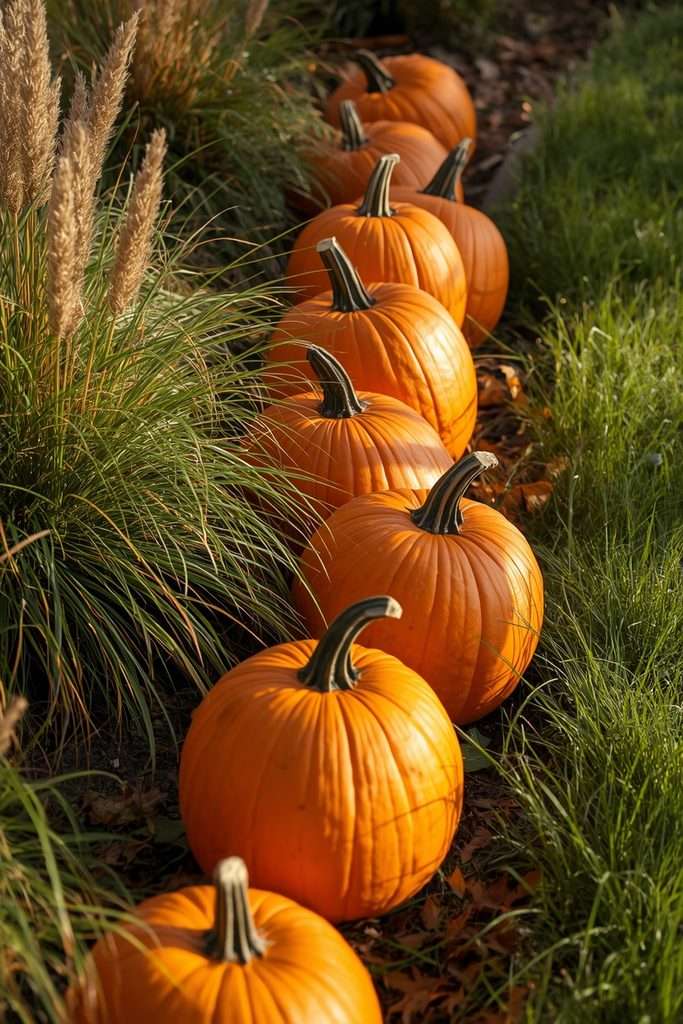 Pumpkins bordering ornamental grasses in front garden