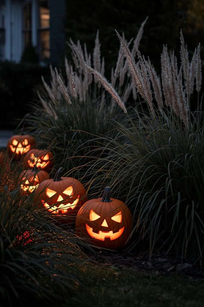 Glowing pumpkins peeking through ornamental garden grasses