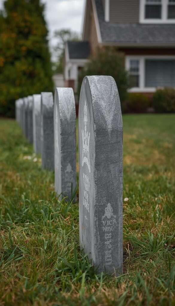 Painted PVC tombstone props staked in grass in front yard graveyard