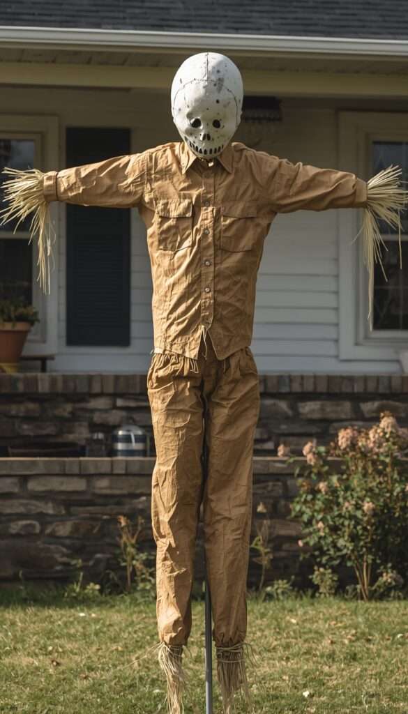 Tall scarecrow decoration anchored with metal rebar stake in yard
