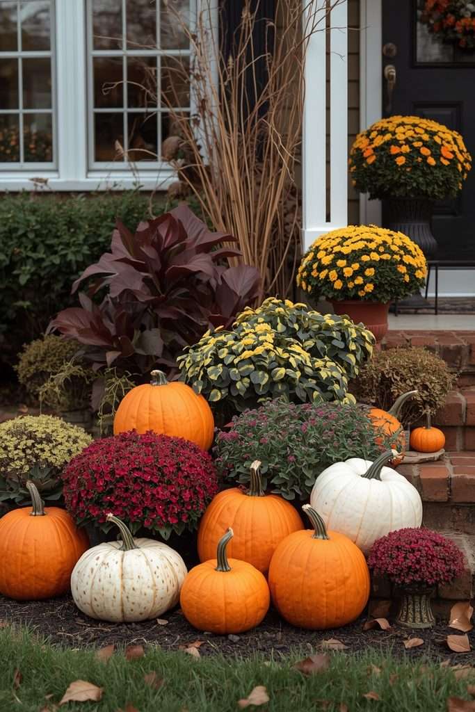 Mixed carved pumpkins and fall plants in front yard