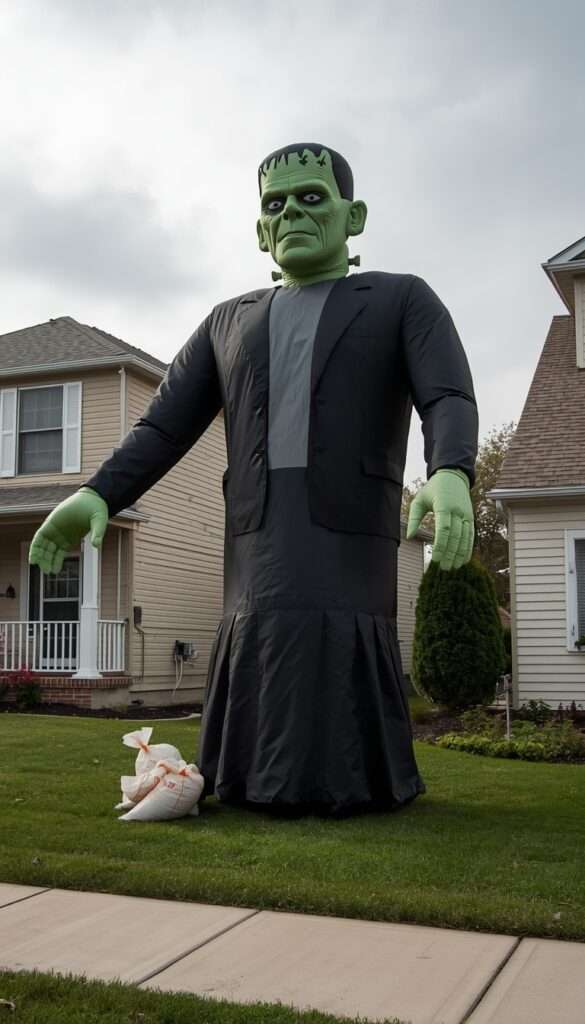 Sandbags weighing down base of inflatable Frankenstein Halloween yard decoration