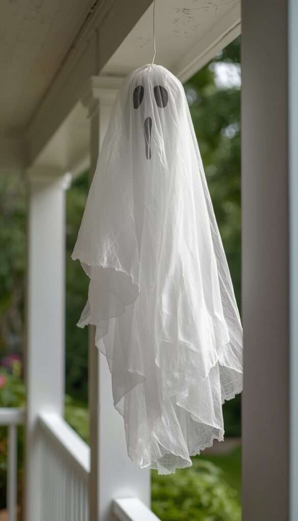 Sealed cheesecloth ghost decoration hanging from wooden porch beam outdoors