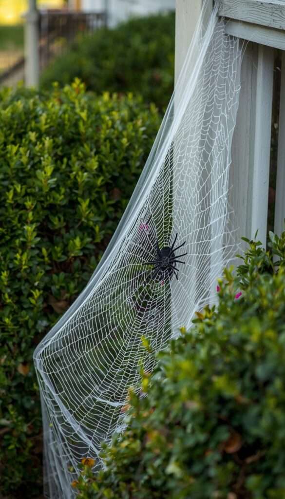Sealed stretchy spider web decoration draped over bushes and railing